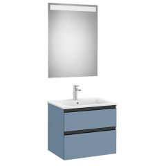 Pack meuble "The Gap" 600 - 2 tiroirs + lavabo slim + miroir LED - bleu mat/ poignées noires - Roca