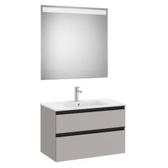 Pack meuble "The Gap" 800 - 2 tiroirs + lavabo slim + miroir LED - gris moyen mat/poignées noires - Roca