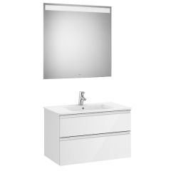 Pack meuble "The Gap" 800 - 2 tiroirs + lavabo slim + miroir LED - blanc brillant/poignées alu brillantes - Roca