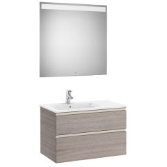 Pack meuble "The Gap" 800 - 2 tiroirs + lavabo slim gauche + miroir LED - city oak/poignées nickel mat - Roca