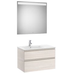 Pack meuble "The Gap" 800 - 2 tiroirs + lavabo slim gauche + miroir LED - frêne nordic/poignées nickel mat - Roca