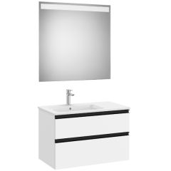 Pack meuble "The Gap" 800 - 2 tiroirs + lavabo slim gauche + miroir LED - blanc mat/poignées noires - Roca