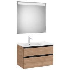 Pack meuble "The Gap" 800 - 2 tiroirs + lavabo slim gauche + miroir LED - noyer/poignées noires - Roca