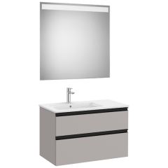 Pack meuble "The Gap" 800 - 2 tiroirs + lavabo slim gauche + miroir LED - gris moyen mat/poignées noires - Roca