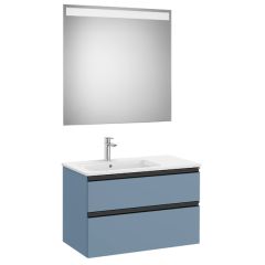 Pack meuble "The Gap" 800 - 2 tiroirs + lavabo slim gauche + miroir LED - bleu mat/ poignées noires - Roca