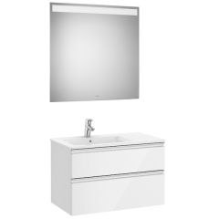 Pack meuble "The Gap" 800 - 2 tiroirs + lavabo slim gauche + miroir LED - blanc brillant - Roca