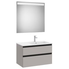 Pack meuble "The Gap" 800 - 2 tiroirs + lavabo slim droite + miroir LED - gris moyen mat/poignées noires - Roca