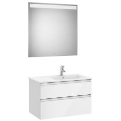 Pack meuble "The Gap" 800 - 2 tiroirs + lavabo slim droite + miroir LED - blanc brillant - Roca