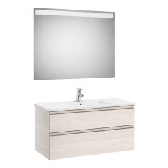 Pack meuble "The Gap" 1000 - 2 tiroirs + lavabo slim + miroir LED - frêne nordic/poignées nickel mat - Roca