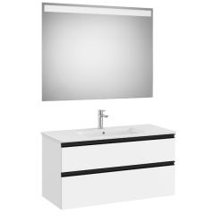 Pack meuble "The Gap" 1000 - 2 tiroirs + lavabo slim + miroir LED - centré blanc mat/poignées noires - Roca