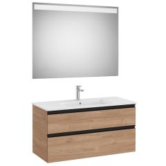 Pack meuble "The Gap" 1000 - 2 tiroirs + lavabo slim + miroir LED - noyer/poignées noires - Roca