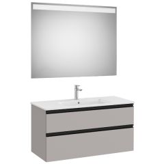 Pack meuble "The Gap" 1000 - 2 tiroirs + lavabo slim + miroir LED - gris moyen mat/poignées noires - Roca