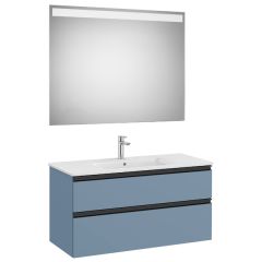 Pack meuble "The Gap" 1000 - 2 tiroirs + lavabo slim + miroir LED - bleu mat/ poignées noires - Roca