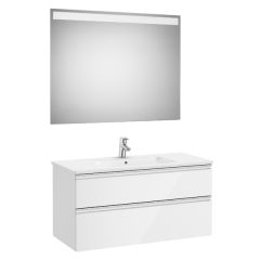 Pack meuble "The Gap" 1000 - 2 tiroirs + lavabo slim + miroir LED - blanc brillant/poignées alu brillantes - Roca