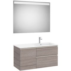 Pack meuble "The Gap" 1000 - 2 tiroirs + 1 porte + lavabo à droite slim + miroir LED - city oak/poignées nickel mat - Roca