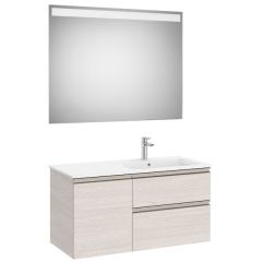 Pack meuble "The Gap" 1000 - 2 tiroirs +1 porte + lavabo à droite slim + miroir LED - frêne nordic/poignées nickel mat - Roca