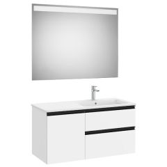 Pack meuble "The Gap" 1000 - 2 tiroirs + 1 porte + lavabo à droite slim + miroir LED - blanc mat/poignées noires - Roca