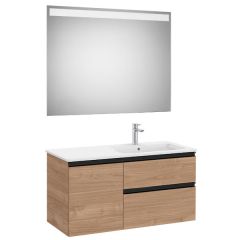 Pack meuble "The Gap" 1000 - 2 tiroirs + 1 porte + lavabo à droite slim + miroir LED - noyer/poignées noires - Roca