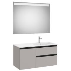 Pack meuble "The Gap" 1000 - 2 tiroirs + 1 porte + lavabo à droite slim + miroir LED - gris moyen mat/poignées noires - Roca