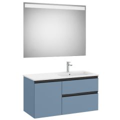 Pack meuble "The Gap" 1000 - 2 tiroirs + 1 porte + lavabo à droite slim + miroir LED - bleu mat/ poignées noires - Roca