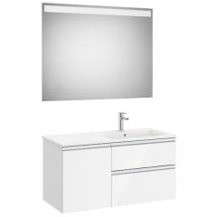 Pack meuble "The Gap" 1000 - 2 tiroirs + 1 porte + lavabo à droite slim + miroir LED - blanc brillant/poignées alu brillantes - Roca