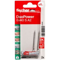 Blister de 2 chevilles universelles Duopower Ø8 x 40 mm + vis inox A2 Ø5 x 55 mm - Fischer