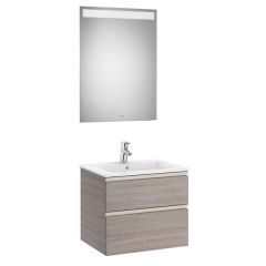 Pack meuble "The Gap" 600 - 2 tiroirs + lavabo slim + miroir LED - city oak/poignées nickel mat - Roca