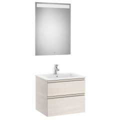 Pack meuble "The Gap" 600 - 2 tiroirs + lavabo slim + miroir LED - frêne nordic/poignées nickel mat - Roca