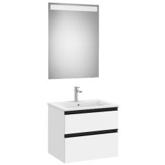 Pack meuble "The Gap" 600 - 2 tiroirs + lavabo slim + miroir LED - blanc mat/poignées noires - Roca