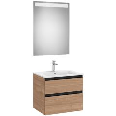 Pack meuble "The Gap" 600 - 2 tiroirs + lavabo slim + miroir LED - noyer/poignées noires - Roca