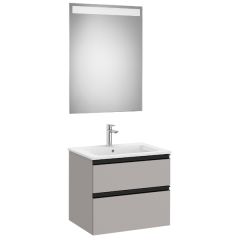 Pack meuble "The Gap" 600 - 2 tiroirs + lavabo slim + miroir LED - gris moyen mat/poignées noires - Roca