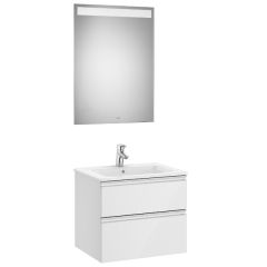 Pack meuble "The Gap" 600 - 2 tiroirs + lavabo slim + miroir LED - blanc brillant/poignées alu brillantes - roca