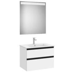 Pack meuble "The Gap" 700 - 2 tiroirs + lavabo slim + miroir LED - blanc mat/poignées noires - Roca