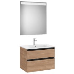 Pack meuble "The Gap" 700 - 2 tiroirs + lavabo slim + miroir LED - noyer/poignées noires - Roca