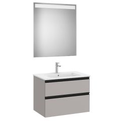 Pack meuble "The Gap" 700 - 2 tiroirs + lavabo slim + miroir LED - gris moyen mat/poignées noires - Roca