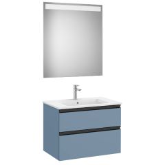 Pack meuble "The Gap" 700 - 2 tiroirs + lavabo slim + miroir LED - bleu mat/ poignées noires - Roca