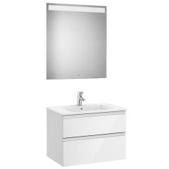 Pack meuble "The Gap" 700 - 2 tiroirs + lavabo slim + miroir LED - blanc brillant/poignées alu brillantes - Roca