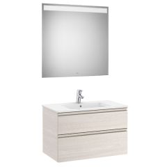 Pack meuble "The Gap" 800 - 2 tiroirs + lavabo slim + miroir LED - frêne nordic / poignées nickel mat - Roca