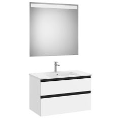 Pack meuble "The Gap" 800 - 2 tiroirs + lavabo slim + miroir LED - blanc mat/poignées noires - Roca