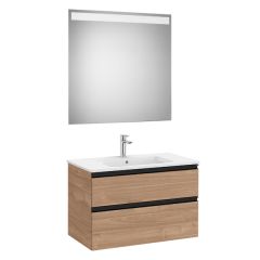 Pack meuble "The Gap" 800 - 2 tiroirs + lavabo slim + miroir LED - noyer/poignées noires - Roca