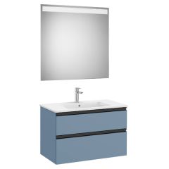 Pack meuble "The Gap" 800 - 2 tiroirs + lavabo slim + miroir LED - bleu mat/ poignées noires - Roca