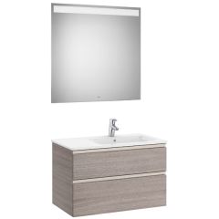 Pack meuble "The Gap" 800 - 2 tiroirs + lavabo slim droite + miroir LED - city oak/poignées nickel mat - Roca