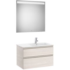 Pack meuble "The Gap" 800 - 2 tiroirs + lavabo slim droite + miroir LED - frêne nordic/poignées nickel mat - Roca