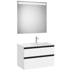 Pack meuble "The Gap" 800 - 2 tiroirs + lavabo slim droite + miroir LED - blanc mat/poignées noires - Roca