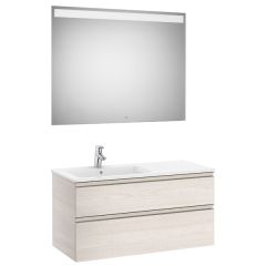 Pack meuble "The Gap" 1000 - 2 tiroirs + lavabo slim gauche + miroir LED - frêne nordic/poignées nickel mat - Roca