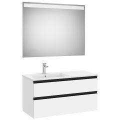 Pack meuble "The Gap" 1000 - 2 tiroirs + lavabo slim gauche + miroir LED - blanc mat/poignées noires - Roca