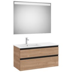 Pack meuble "The Gap" 1000 - 2 tiroirs + lavabo slim gauche + miroir LED - noyer/poignées noires - Roca