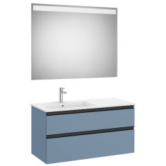 Pack meuble "The Gap" 1000 - 2 tiroirs + lavabo slim gauche + miroir LED - bleu mat/ poignées noires - Roca