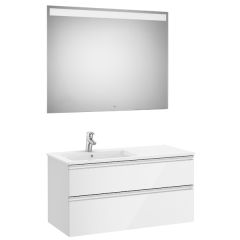 Pack meuble "The Gap" 1000 - 2 tiroirs + lavabo slim gauche + miroir LED - blanc brillant - Roca