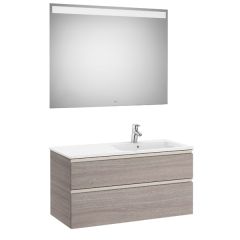 Pack meuble "The Gap" 1000 - 2 tiroirs + lavabo slim droite + miroir LED - city oak/poignées nickel mat - Roca